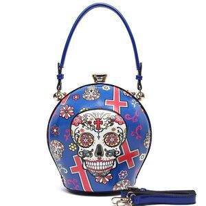 Blue Sugar Skull Ball Handbag Rhinestone Carry Handbag